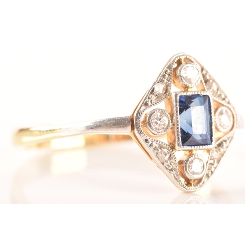 79 - An early 20th century 18ct gold sapphire cluster and diamond ring, set to centre with a rectangular ... 