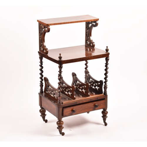 373 - A Victorian rosewood Canterbury whatnot, the top small shelf above a larger shelf, with newspaper ra... 