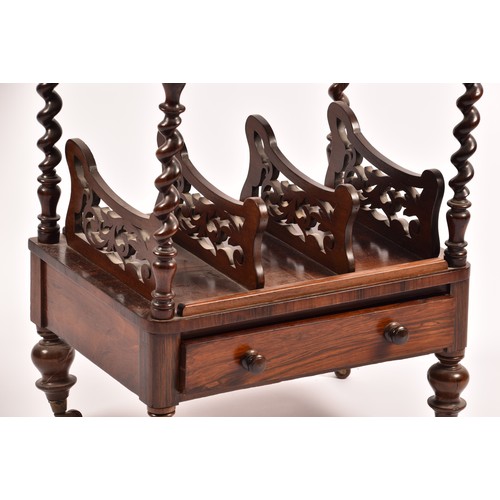 373 - A Victorian rosewood Canterbury whatnot, the top small shelf above a larger shelf, with newspaper ra... 