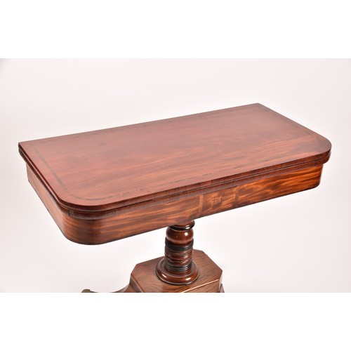 374 - An unusual Regency mahogany and elm foldover card table, the rosewood crossbanded top opening to rev... 