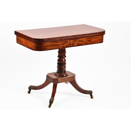 374 - An unusual Regency mahogany and elm foldover card table, the rosewood crossbanded top opening to rev... 