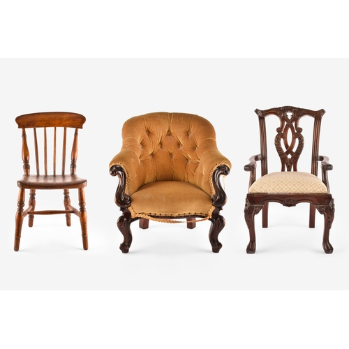 375 - Three miniature dolls chairs, including a Victorian buttont back mahogany tub chair, an elm seated s... 