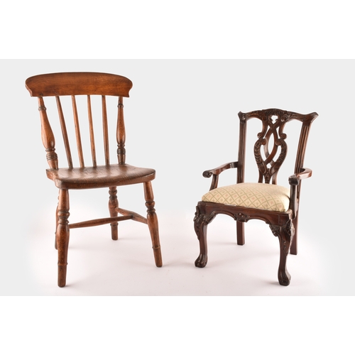 375 - Three miniature dolls chairs, including a Victorian buttont back mahogany tub chair, an elm seated s... 