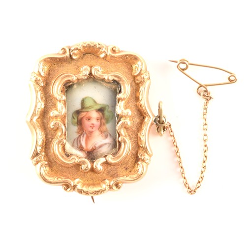 88 - A 19th century brooch, featuring a miniature enamel portrait of a lady surrounded by an ornate yello... 