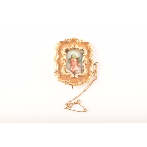 88 - A 19th century brooch, featuring a miniature enamel portrait of a lady surrounded by an ornate yello... 