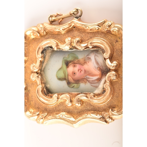 88 - A 19th century brooch, featuring a miniature enamel portrait of a lady surrounded by an ornate yello... 