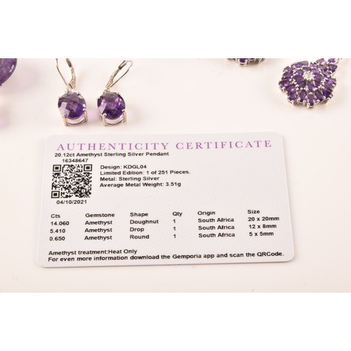 108 - A large collection of silver amethyst jewellery, including a large solitaire dress ring, a floral cl... 