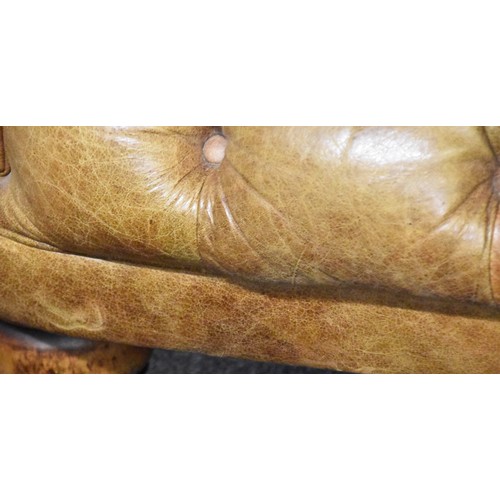 382 - A large brown leather button back Chesterfield style sofa, supported on turned wooden legs, 229 cm w... 