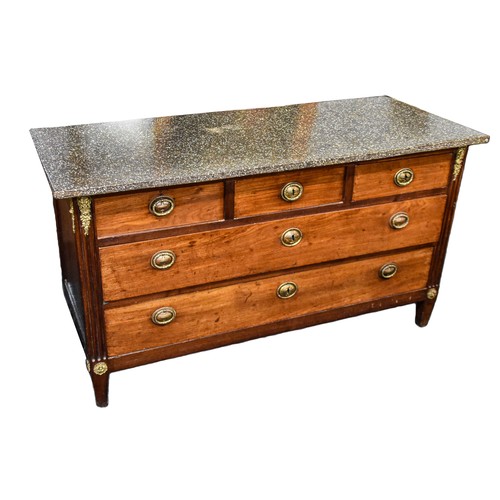 384 - A 19th century continental marble top mahogany commode with three frieze drawers over two long drawe... 