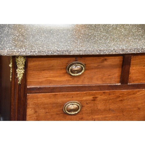 384 - A 19th century continental marble top mahogany commode with three frieze drawers over two long drawe... 