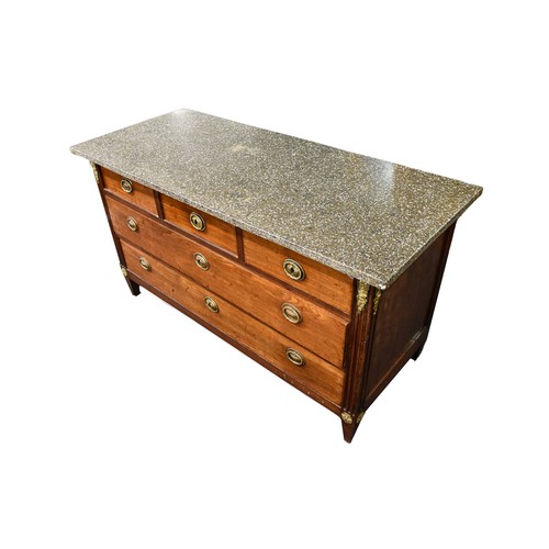 384 - A 19th century continental marble top mahogany commode with three frieze drawers over two long drawe... 