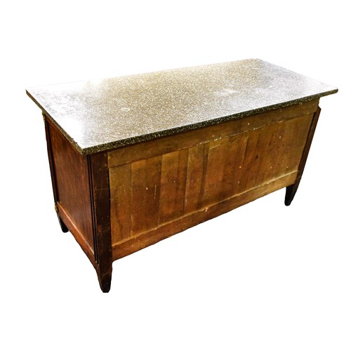 384 - A 19th century continental marble top mahogany commode with three frieze drawers over two long drawe... 