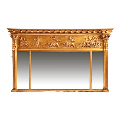 376 - A 19th century gilt gesso triple wall mirror, decorated with a frieze of classical figures, with a b... 