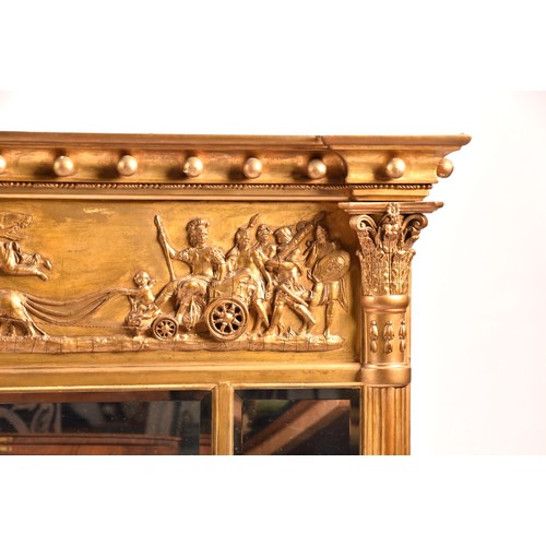 376 - A 19th century gilt gesso triple wall mirror, decorated with a frieze of classical figures, with a b... 