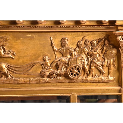 376 - A 19th century gilt gesso triple wall mirror, decorated with a frieze of classical figures, with a b... 