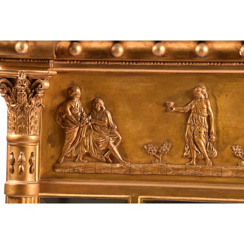 376 - A 19th century gilt gesso triple wall mirror, decorated with a frieze of classical figures, with a b... 