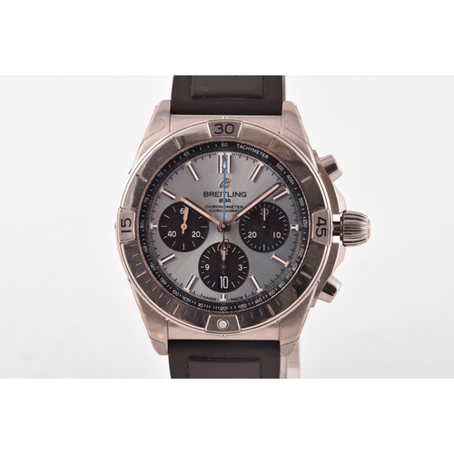 Breitling Chronomat B01 42 stainless steel wristwatch, the light blue dial with dark blue subsidiary dials, 47 jewels, 1/4th second chronograph, 30-minute and 12-hour totalisers, reference no. PB0134, serial no. 3397383, 40mm case, on a black rubber strap, accompanied by original box and receipt.