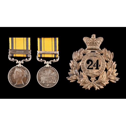 Killed in Action at the battle of Isandhlwana. A South Africa Medal 1877-1879 with 1879 clasp to: 181 Private James Plunkett – 1st 24th Foot, who was killed in action at the battle of Isandhlwana on 22 January 1879 (181 Pte J. Plunkett I/1 24th Foot), together with a 24th Foot helmet plate.