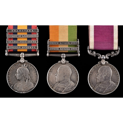 A Boer War LSGC three medal group awarded to: Private T. F. Gunning, 11th and 13th Hussars. Comprising: a QSA Queen’s South Africa medal with 5 clasps Cape Colony (3133 Pte. T. F. Gunning, 13/ Hussars); and a KSA King's South Africa medal with 2 clasps South Africa 1901 and South Africa 1902 (3133 Pte. T. F. Gunning, 13th Hussars); and an George V Army For Long Service and Good Conduct Medal (5547 Pte. T. F. Gunning, 11/ Hrs.).