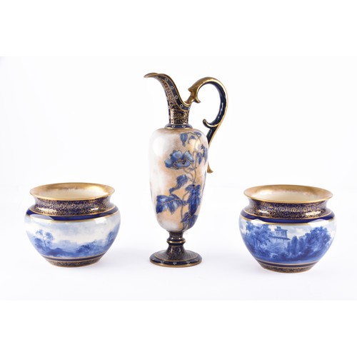 338 - A pair of Doulton Burslem jardiniere's, cobalt blue ground with extensive gilt floral scroll decorat... 