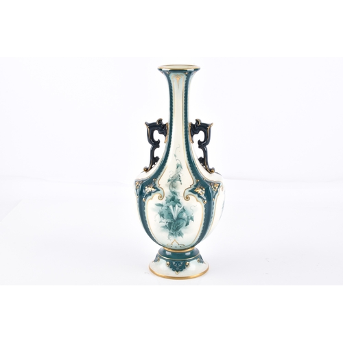 339 - A Hadley's Worcester Faience vase, the U-shaped body with extended waisted neck decorated with cream... 