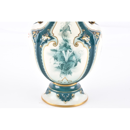 339 - A Hadley's Worcester Faience vase, the U-shaped body with extended waisted neck decorated with cream... 