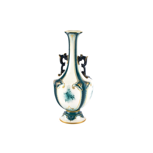 339 - A Hadley's Worcester Faience vase, the U-shaped body with extended waisted neck decorated with cream... 