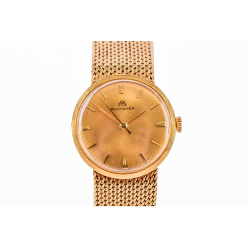 An 18ct gold Bucherer ladies watch, the gilt dial with baton indices, 25 mm case, on a textured gold bracelet, numbered 5654, 108, 17.5 cm overall length.