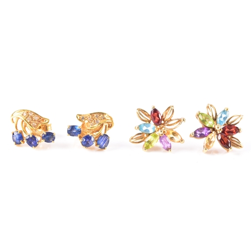 69 - A pair of 9ct yellow gold and multigem floral cluster earrings, (one lacking a stone) together with ... 