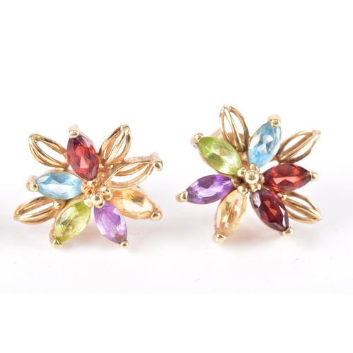69 - A pair of 9ct yellow gold and multigem floral cluster earrings, (one lacking a stone) together with ... 