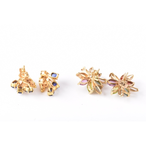 69 - A pair of 9ct yellow gold and multigem floral cluster earrings, (one lacking a stone) together with ... 
