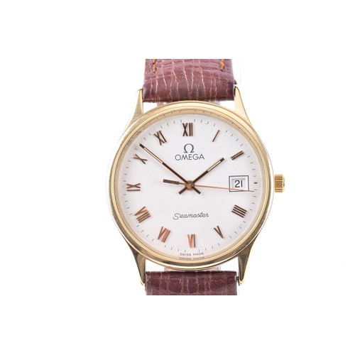 131 - An Omega Seamaster 9ct gold quartz wristwatch, cal.1458, the white dial with Roman numeral indices, ... 