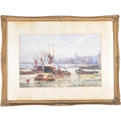 228 - Frederick William Scarborough (British, 1860-1939)'The Pool of London' A watercolour view of boats s... 
