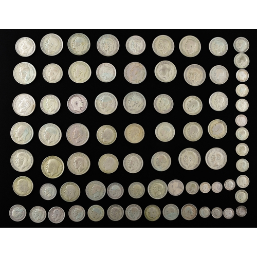 110 - A collection of pre 1947 GB silver coins, including florins, shillings, two shillings, six pence, an... 