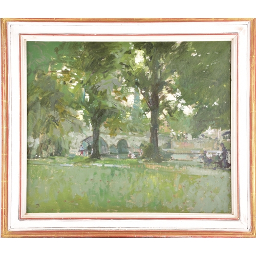 241 - Tom Coates (British, 1941-2023)'A Quiet Stretch- Wallingford' An oil painting depicting figures loit... 