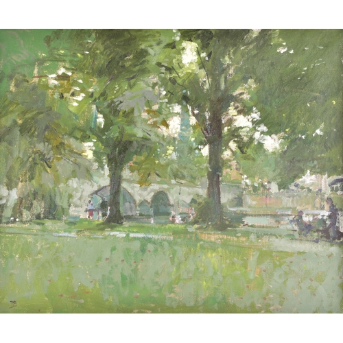 241 - Tom Coates (British, 1941-2023)'A Quiet Stretch- Wallingford' An oil painting depicting figures loit... 