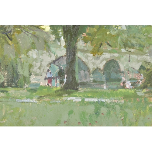 241 - Tom Coates (British, 1941-2023)'A Quiet Stretch- Wallingford' An oil painting depicting figures loit... 