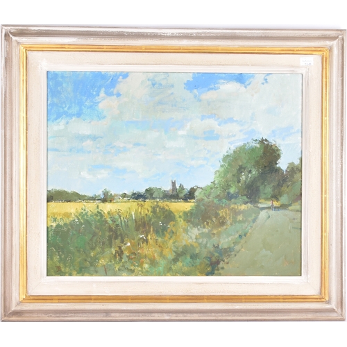 242 - Tom Coates (British, 1941-2023)'Kempsford- View Towards Church'An oil painting depicting a figure wa... 