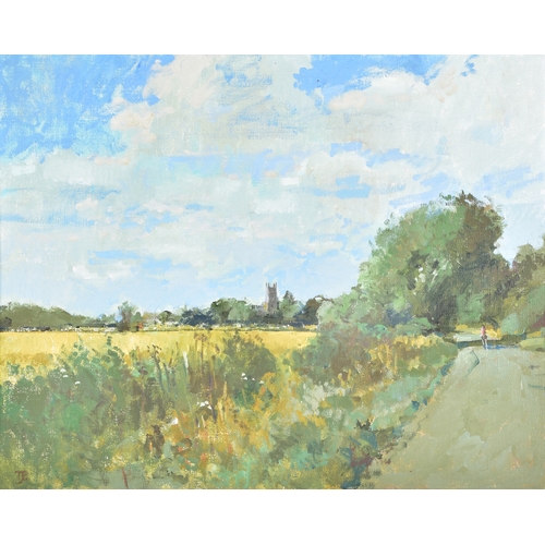 242 - Tom Coates (British, 1941-2023)'Kempsford- View Towards Church'An oil painting depicting a figure wa... 