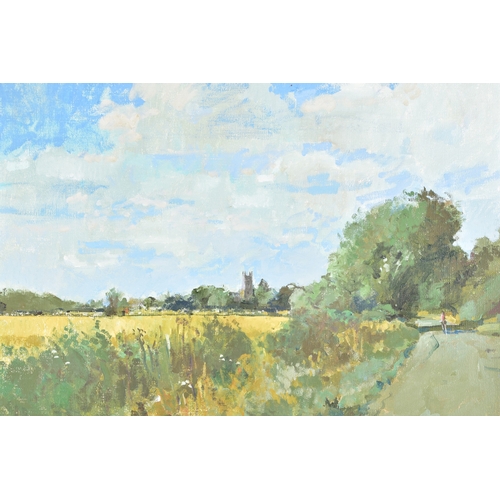 242 - Tom Coates (British, 1941-2023)'Kempsford- View Towards Church'An oil painting depicting a figure wa... 