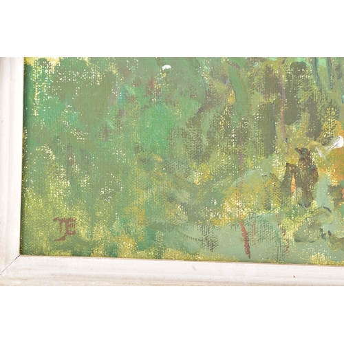 242 - Tom Coates (British, 1941-2023)'Kempsford- View Towards Church'An oil painting depicting a figure wa... 