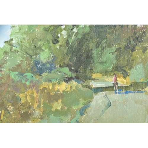 242 - Tom Coates (British, 1941-2023)'Kempsford- View Towards Church'An oil painting depicting a figure wa... 