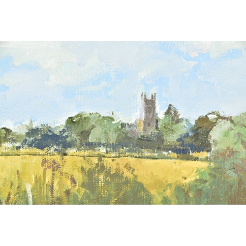 242 - Tom Coates (British, 1941-2023)'Kempsford- View Towards Church'An oil painting depicting a figure wa... 