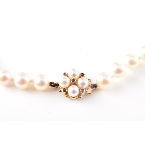 47 - A cultured pearl necklace with a 9ct yellow gold sapphire set clasp, 46 cm long, together with a pai... 