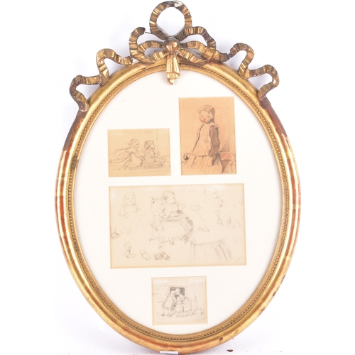 233 - A group of four pencil sketches of children, within an oval giltwood frame with bow surmount, togeth... 