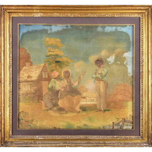 234 - A mid to late 19th century silkwork picture, a pastoral scene of a shepherdess in a rural setting, s... 