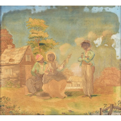 234 - A mid to late 19th century silkwork picture, a pastoral scene of a shepherdess in a rural setting, s... 