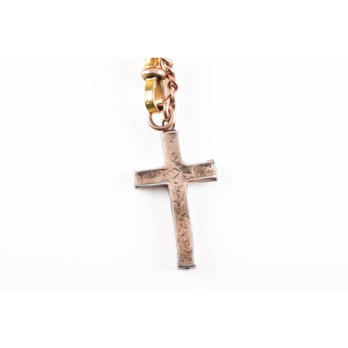 56 - A 9ct rose gold curb link bracelet, fitted with a 9ct yellow gold clasp, suspended with a gilt metal... 