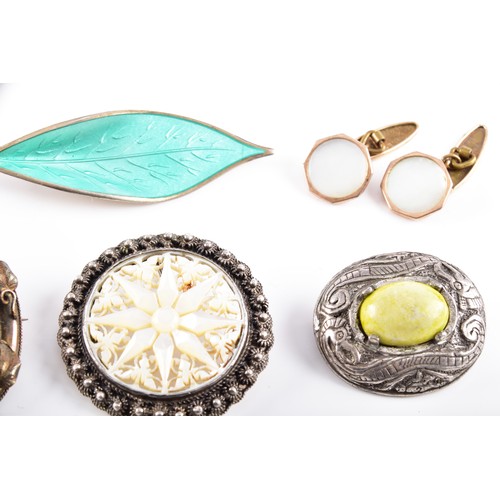 59 - A David Anderson green enamel leaf brooch, Victorian style yellow metal brooch, a pair of yellow met... 