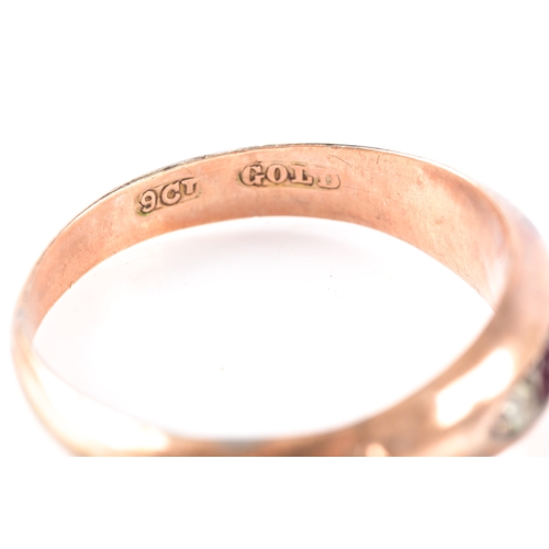 64 - A 9ct rose gold pink and white paste five stone ring, size O.